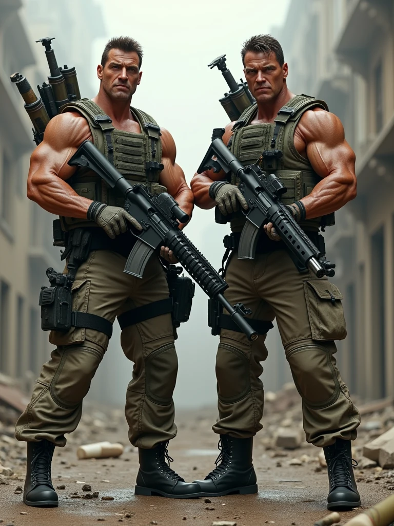 two soldiers like Stallone and Schwarzenegger with military clothing with machine guns and rocket launchers, labeled as Konami Contra. Realistic photo style.