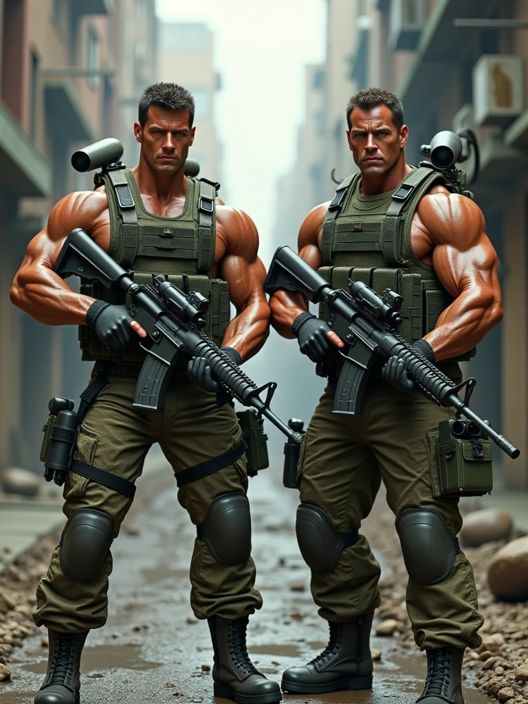 two soldiers like Stallone and Schwarzenegger with military clothing with machine guns and rocket launchers, labeled as Konami Contra. Realistic photo style.