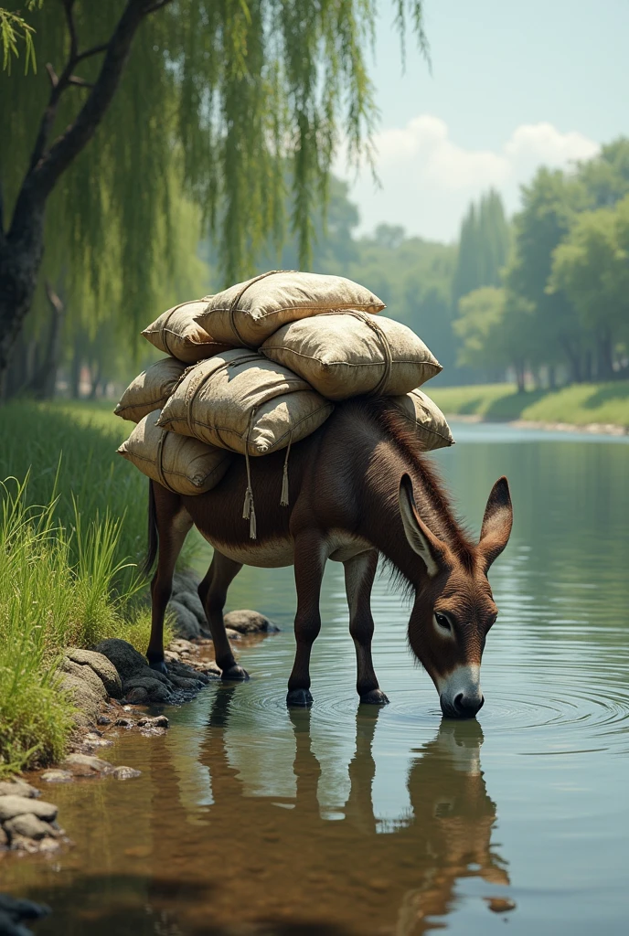 A donkey with many sacks on its back is drinking water by the river