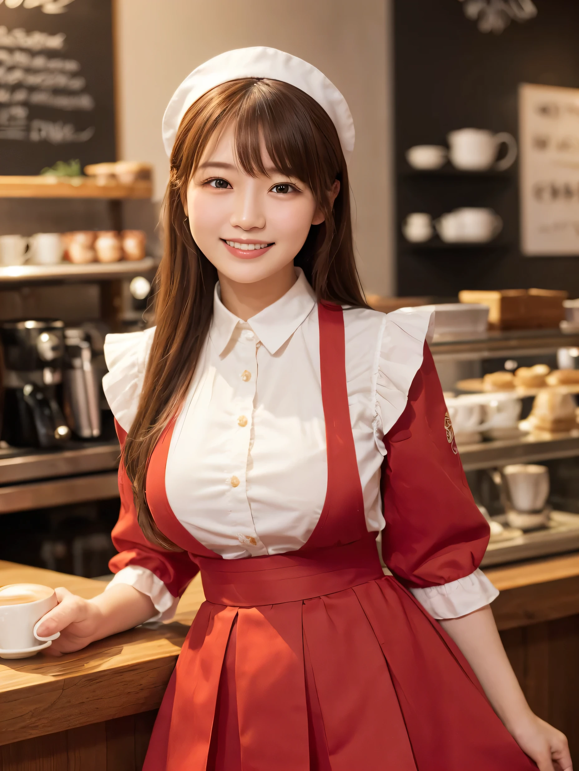 1 girl、(RAW Photos、Highest quality)、(Real、Photoreal:1.4)、Tabletop、Very delicate and beautiful、Very detailed、2k wallpaper、wonderful、Detailed、very detailedCG Unity 8K wallpaper、Super detailed、1、High resolution、((Red waitress outfit))、Pleated skirt、Elegant skirt、Big Breasts、Frills、ribbon、Soft Light、Beautiful detailed girl、???? sleeves、Cafe waitress、smile、Happy Face、Cafe、coffee shop、latte Art