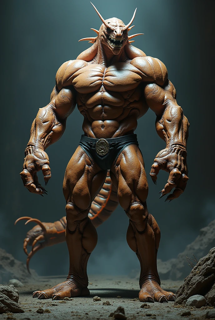 A scorpion with a very muscular human body from the front