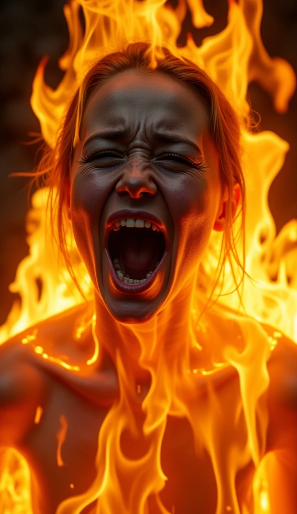 hyper-realistic closeup, Fire over and entirely engulfing and covering a screaming girl, flames wrap and curl over the girl as they flow over her and burn her, the girl is fully ablaze, the girl is screaming in pain as she burns to death, trapped inside a steel furnace filled with fire, flames block the girl almost entirely, her skin is blackened and charred, her body is on fire