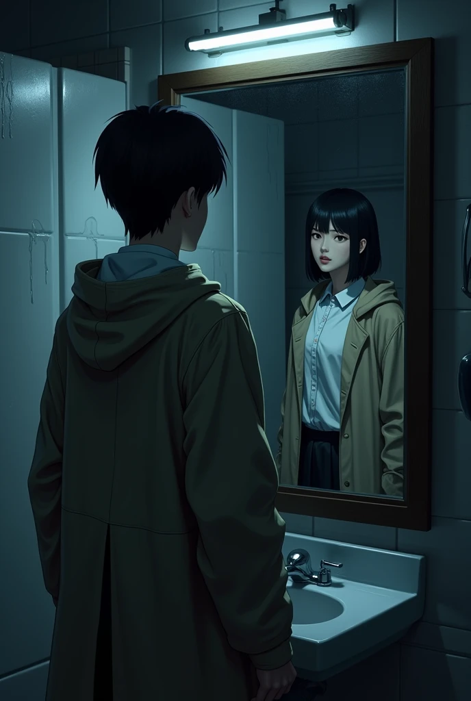 On a pitch-black night, a multitude of dark clouds covered the upper part of a university campus. In a bathroom near a building, water stains clung to the mirror. A tall, slender young man with short dark hair, wearing a raincoat and a white shirt underneath, was looking at the mirror. After a moment, a woman appeared behind him. She wore a hoodie over a white collared shirt and a black skirt, with shoulder-length black hair. She stared at the same mirror, but due to the darkness, her face was not clearly visible.