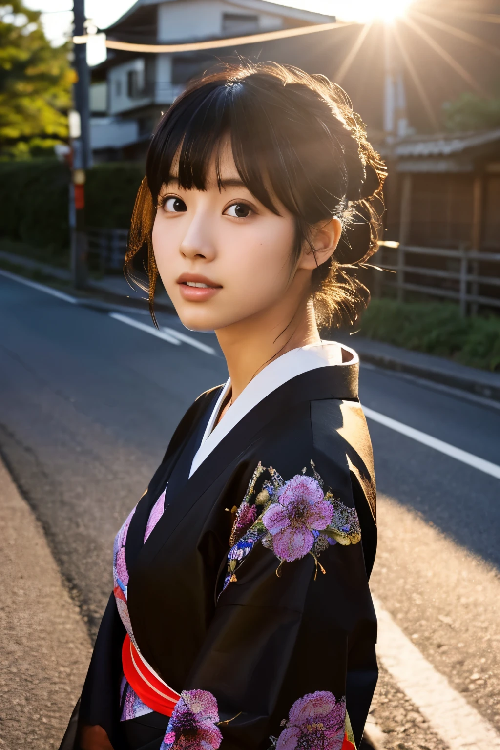 20 year old Japanese supermodel,Black Hair,Ukiyo-in a kimono,Road background in Japan,A ray of light,Beautiful Face Lighting,not a big deal,photograph:Yui Aragaki,6 o'clock'clock'Bell