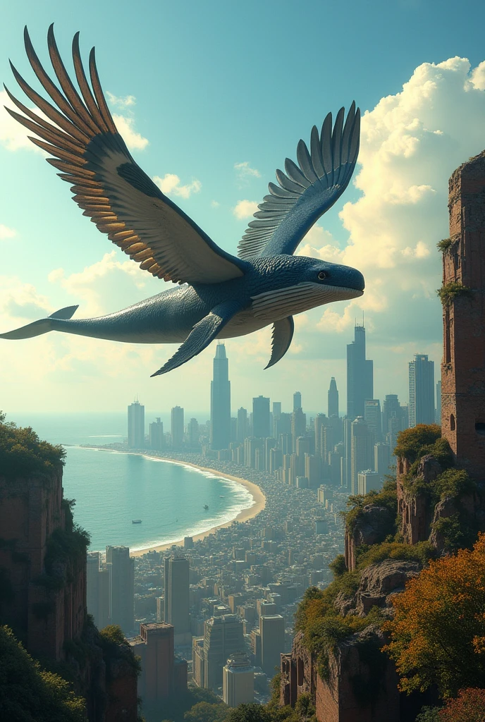 whale with condor wings flying over an abandoned city on a sunny day and a view of the sea