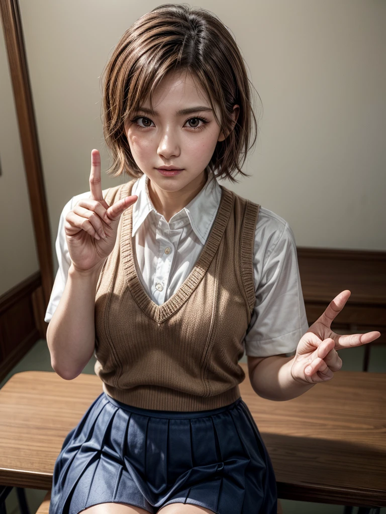 Masterpiece, Top Quality, Top Mikoto, brown eyes, short hair, small breasts, looking at viewer, alone, closed mouth, collared shirt, beige knit vest, dark blue  Skirt, school_uniform, shirt, white_shirt, classroom,Masterpiece, highest quality, 8K, detailed skin texture, fine cloth texture, beautiful detailed face, intricate details, super detailed,cute,cute posing,composition that shows the whole body, brown hair,Pointing a finger like a gun, aiming straight ahead, gun hand sign, detailed finger