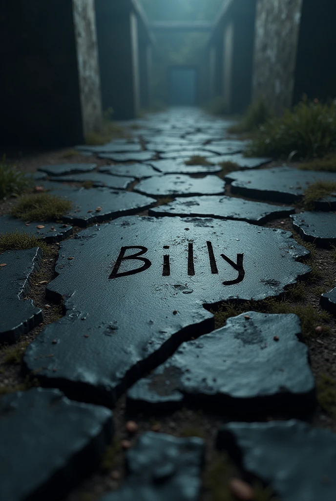 broken black stone floor with BILLY written on it