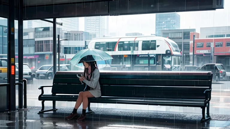 At a city bus stop、Please draw a woman sheltering from the rain.。Woman sitting on a bench、They are avoiding the rain and waiting for the next bus.。In the background、Wet glass of a building and people々The figure of someone walking by in a hurry is depicted.、Make it feel like a busy rainy day in the city。