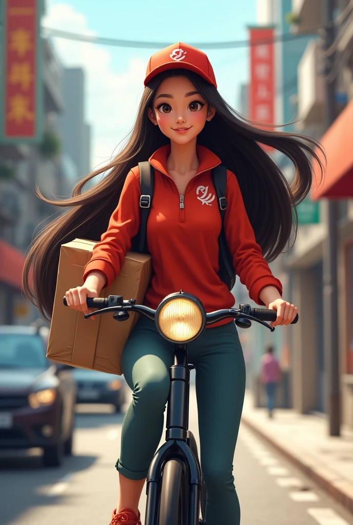 A delivery girl with very long hair 
