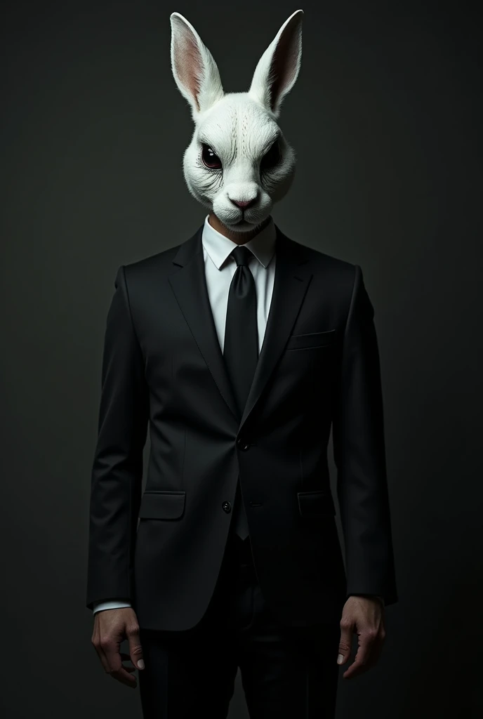 A man in a suit wearing a dark white rabbit mask