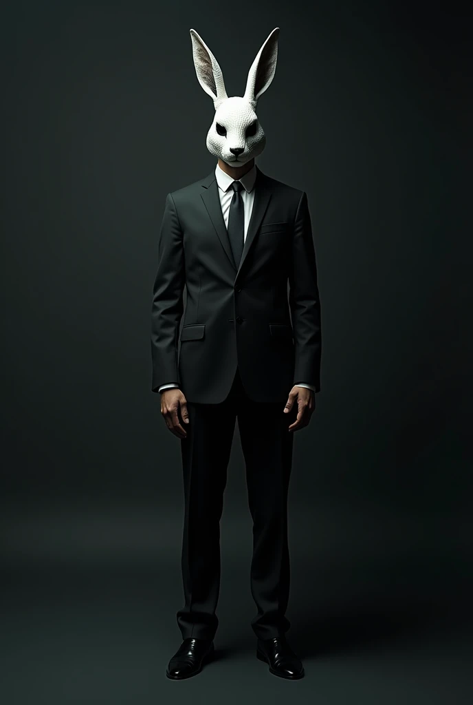 A man in a suit wearing a dark white rabbit mask