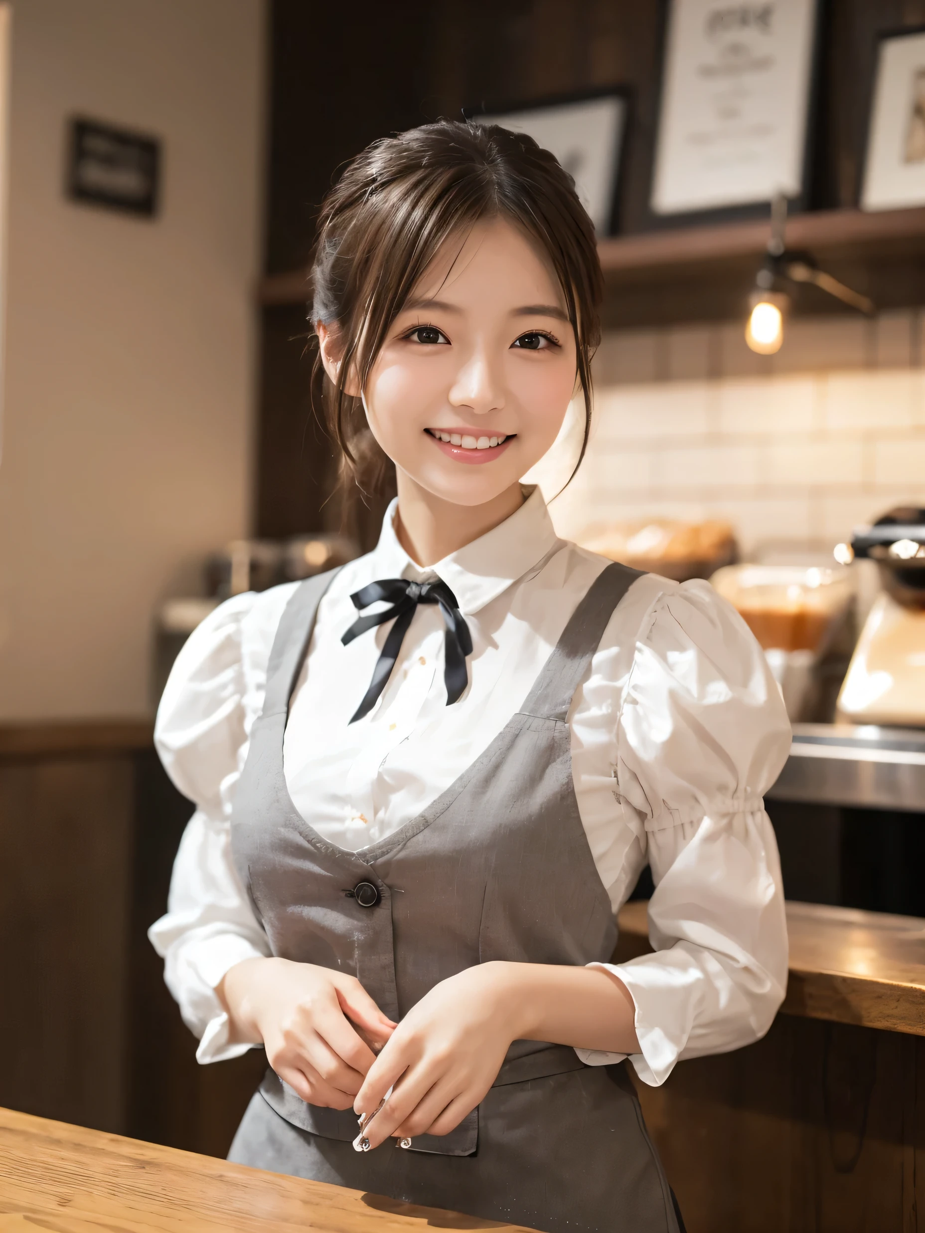 1 girl、(RAW Photos、Highest quality)、(Real、Photoreal:1.4)、Tabletop、Very delicate and beautiful、Very detailed、2k wallpaper、wonderful、Detailed、very detailedCG Unity 8K wallpaper、Super detailed、Age 27、High resolution、((Grey waitress outfit))、flare skirt、Elegant skirt、Big Breasts、Frills、ribbon、Soft Light、Beautiful detailed girl、Puff sleeves、Cafe waitress、smile、Happy Face、Cafe、coffee shop、latte Art