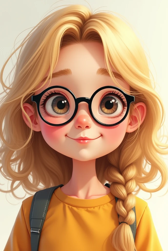 a girl, height 1,64, blondie hair, a little chubby and wears round black glasses