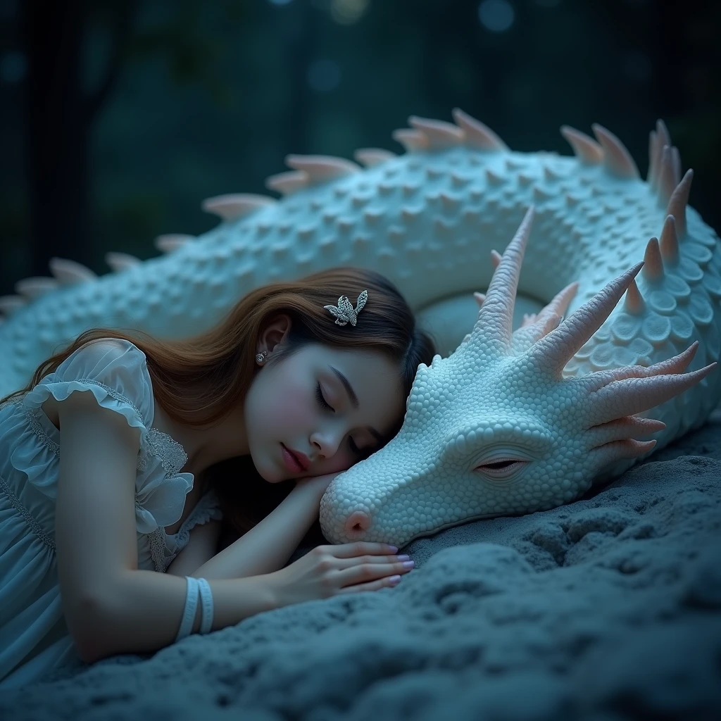 crisp mythical legendary girl laying beside a cute white sleeping dragon at the deep night at dark mystical night, 8k artistic photography, deep, perfect anatomy