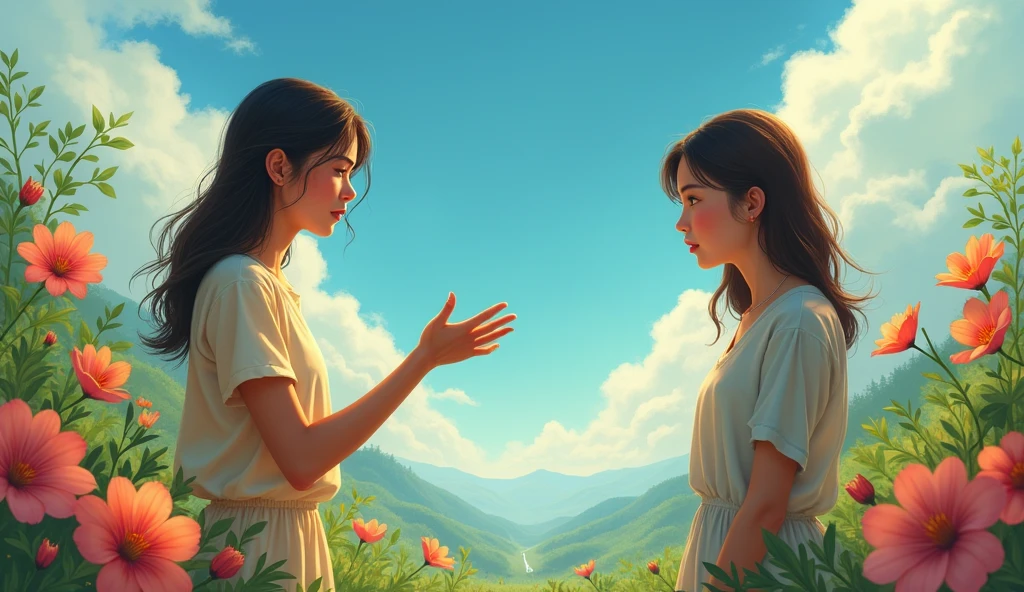 a cute and sexcy girl asking her boyfriend to stop by her hamd but boyfriend is moved on  emotional,  sky , beautiful place and flowers, realistic 