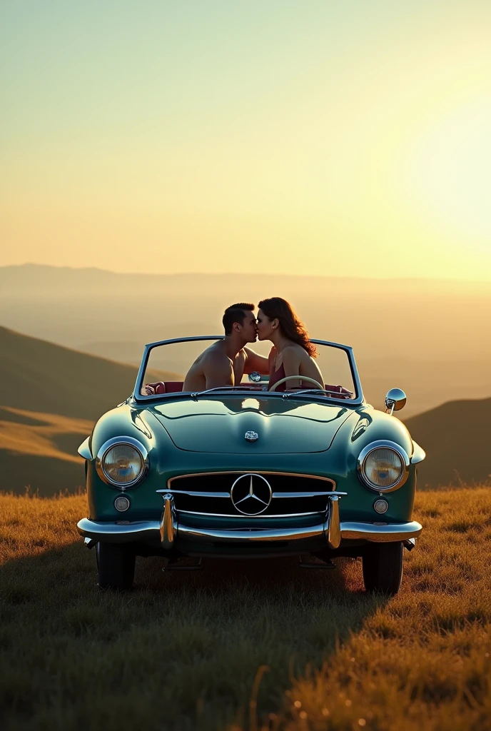 A closed vintage car on top of a hill with two people inside having sex. 