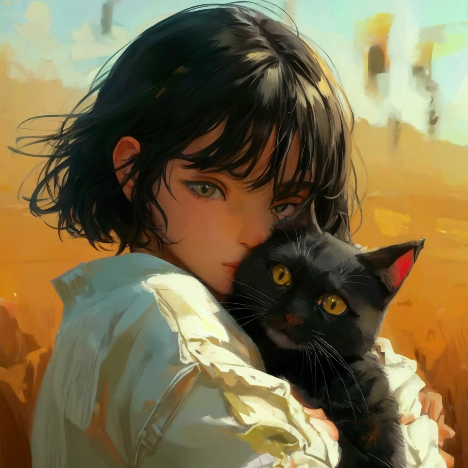 Girl hugging a cat countryside stylish up Black Hair Short Hair