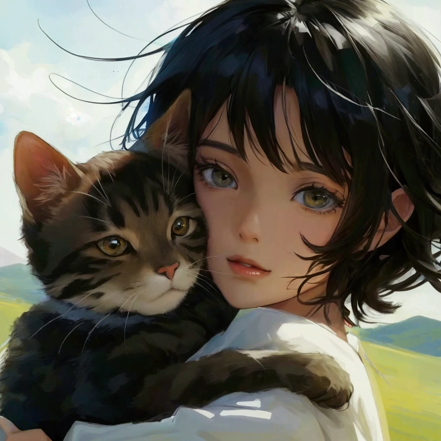 Girl hugging a cat countryside stylish up Black Hair Short Hair