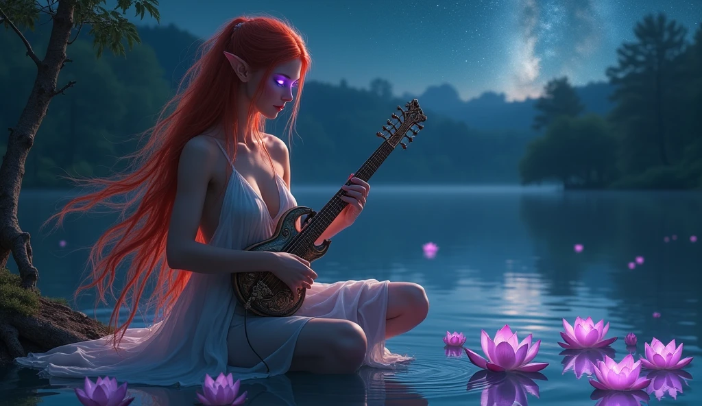 A sexy female elf sits by a lake in the dark of night. She is dressed in a white dress of thin fabric, her shoulders and legs exposed. Her long red hair is reflected in the surface of the lake, and her eyes glow a deep purple. In her hand is an ancient musical instrument, which she plays with a bewitching smile. Glowing lotus flowers float around her, and the surface of the lake ripples gently. The starry sky in the background creates a fantastical, dark atmosphere. Please use the highest resolution (8K) for photos for realistic depiction.
