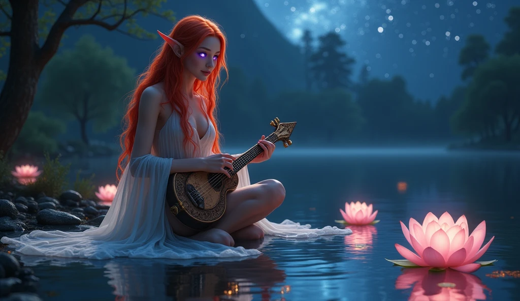 A sexy female elf sits by a lake in the dark of night. She is dressed in a white dress of thin fabric, her shoulders and legs exposed. Her long red hair is reflected in the surface of the lake, and her eyes glow a deep purple. In her hand is an ancient musical instrument, which she plays with a bewitching smile. Glowing lotus flowers float around her, and the surface of the lake ripples gently. The starry sky in the background creates a fantastical, dark atmosphere. Please use the highest resolution (8K) for photos for realistic depiction.