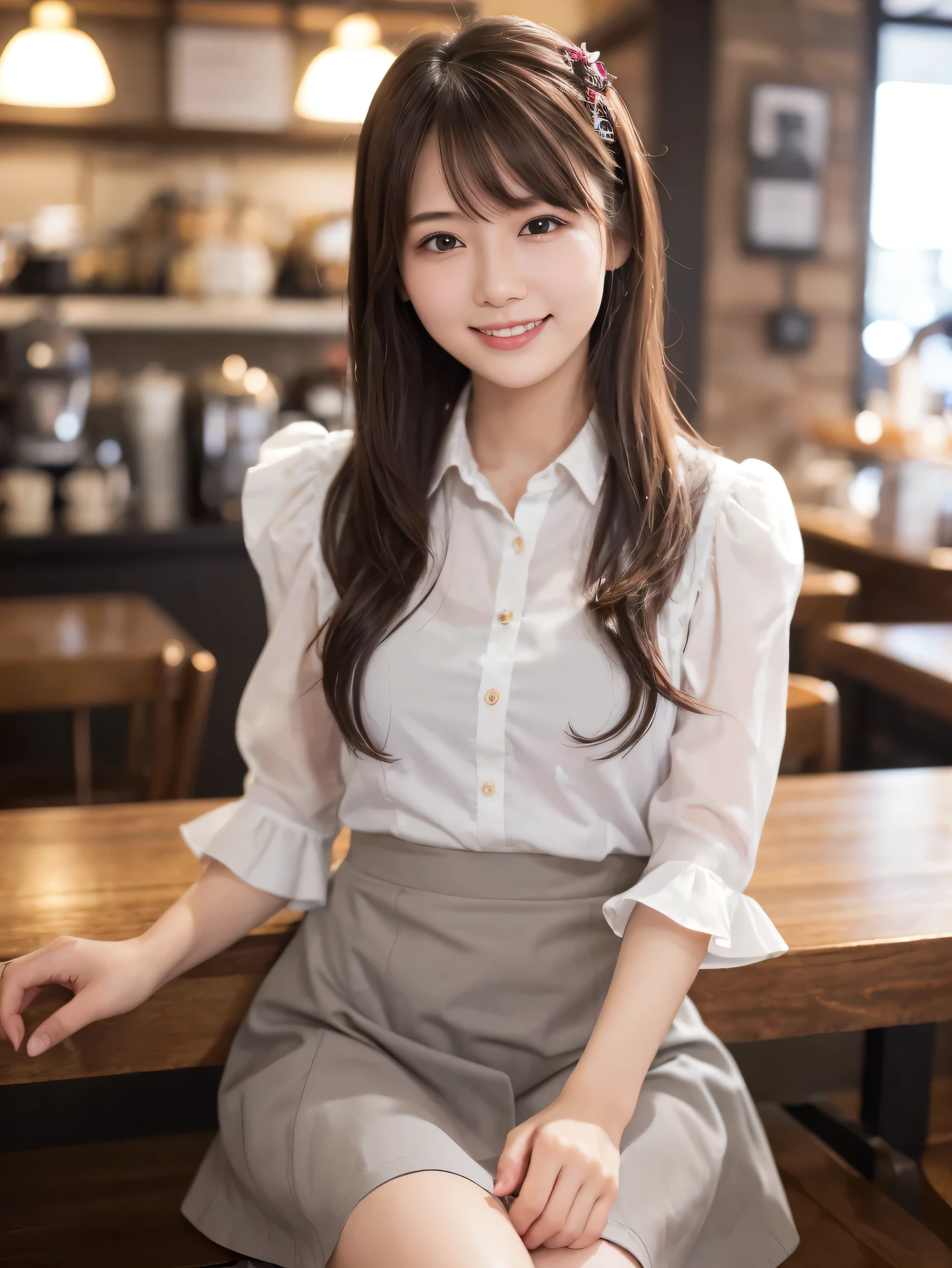 1 girl、(RAW Photos、Highest quality)、(Real、Photoreal:1.4)、Tabletop、Very delicate and beautiful、Very detailed、2k wallpaper、wonderful、Detailed、very detailedCG Unity 8K wallpaper、Super detailed、Age 27、High resolution、((Grey waitress outfit))、flare skirt、Elegant skirt、Big Breasts、Perfect Style、Frills、ribbon、Soft Light、Beautiful detailed girl、Puff sleeves、Cafe waitress、smile、Happy Face、Cafe、coffee shop、latte Art