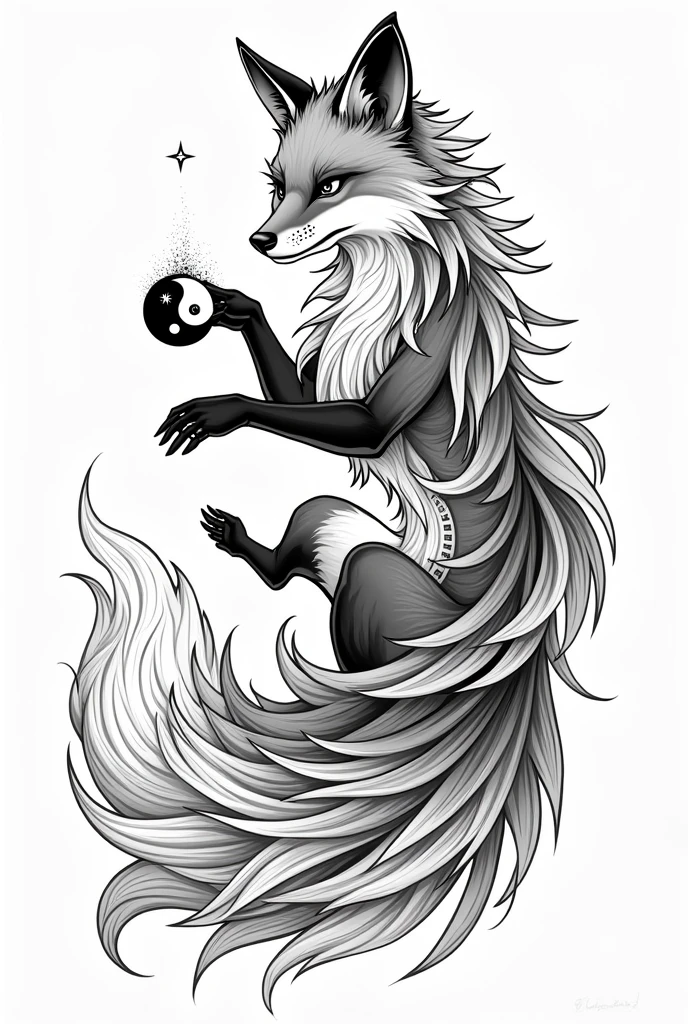 Tattoo style 9 tailed fox catching a yin and yang