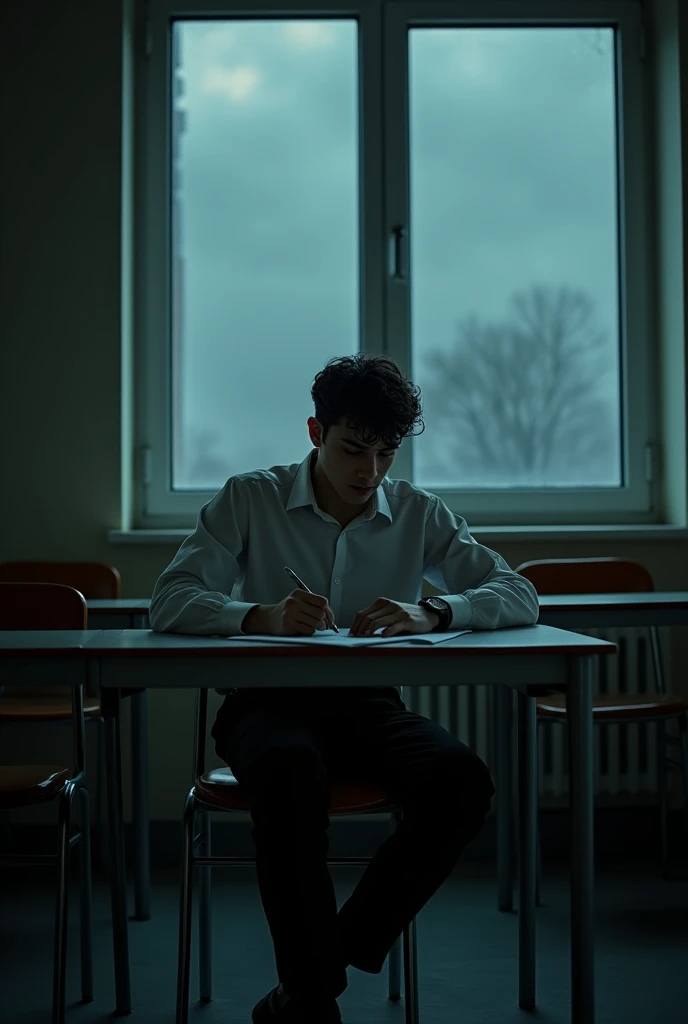 A young man, about 20 years old, sits in a large classroom. He sits alone in the dark, he is wearing a white shirt, long black pants, he is sitting, holding a pen, doing his homework on a paper on the table. He looks at the camera but not into the camera. Outside it is raining and the sky is dark. The camera angle is a close up shot, looking from outside the room through the glass of the window at this man. Horror theme.