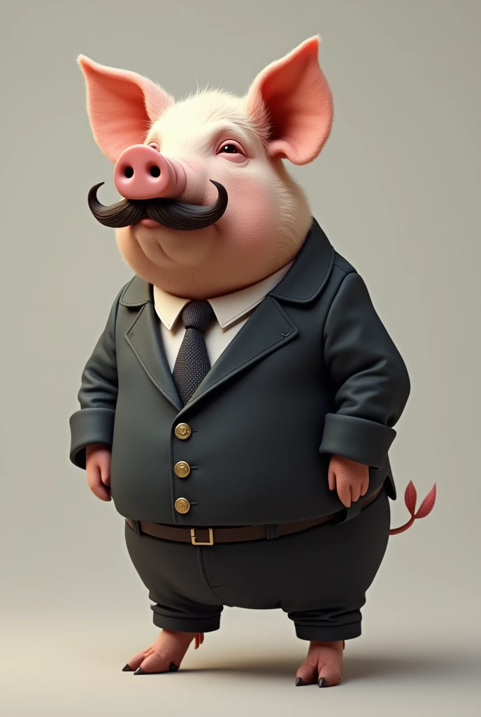 Make a pig on all fours in a uniform with a tie and a mustache, put it on all fours, not standing