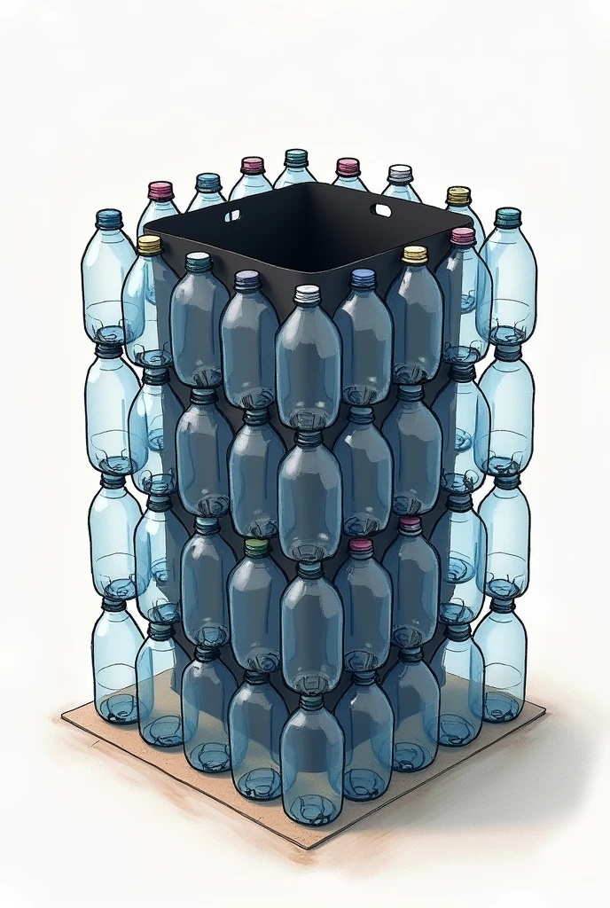 Make me a blueprint sketch for making a trash can from used plastic bottles with Black plastic bag added in the middle as a container for trash.