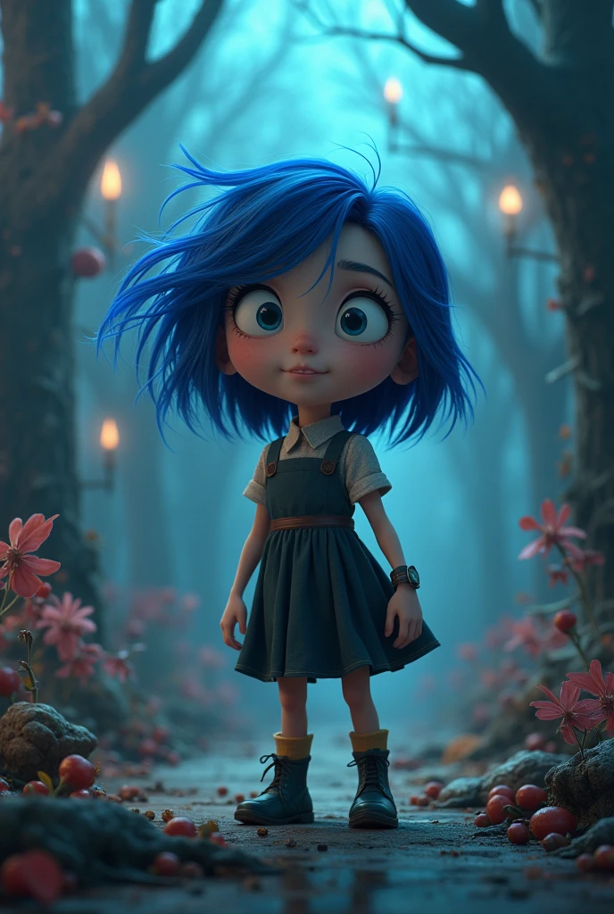 Create an image of a Disney animated movie girl named Alice/Lice pra um filme cahameo Wonderland, However, the film will be the story of Wonderland in a more current way and will have several social criticisms and some macabre subjects.,It's going to be a girl with blue dyed hair,11/ and a bit rebellious but sweet heart