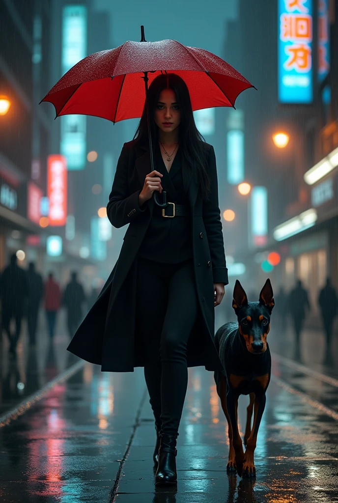 A woman with straight black hair , Walking on a rainy night through the city.With a red umbrella , a black coat and a Doberman dog