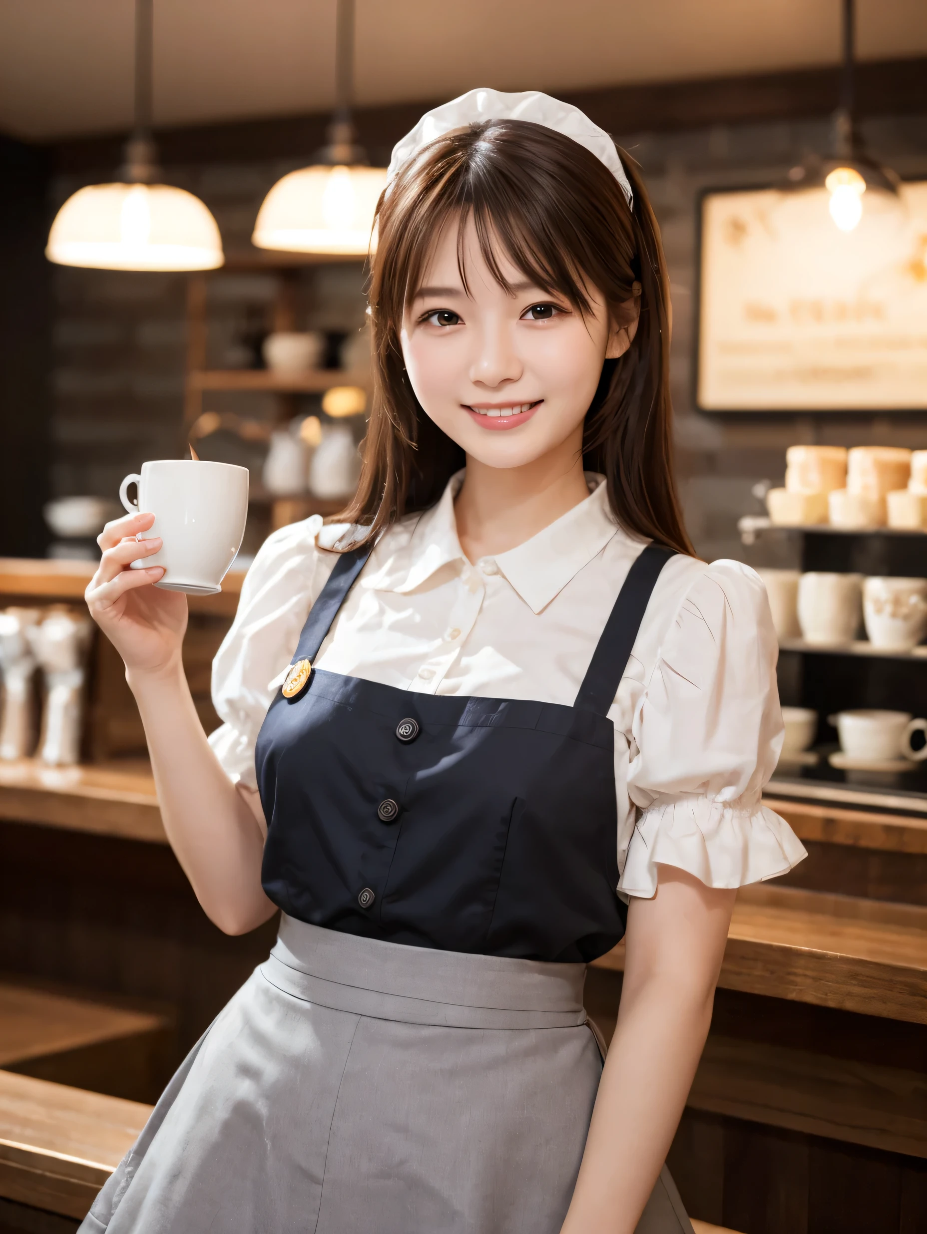 1 girl、(RAW Photos、Highest quality)、(Real、Photoreal:1.4)、Tabletop、Very delicate and beautiful、Very detailed、2k wallpaper、wonderful、Detailed、very detailedCG Unity 8K wallpaper、Super detailed、Age 27、High resolution、((Grey waitress outfit))、flare skirt、Elegant skirt、Big Breasts、Perfect Style、Frills、ribbon、Soft Light、Beautiful detailed girl、Puff sleeves、Cafe waitress、smile、Happy Face、Cafe、coffee shop、latte Art