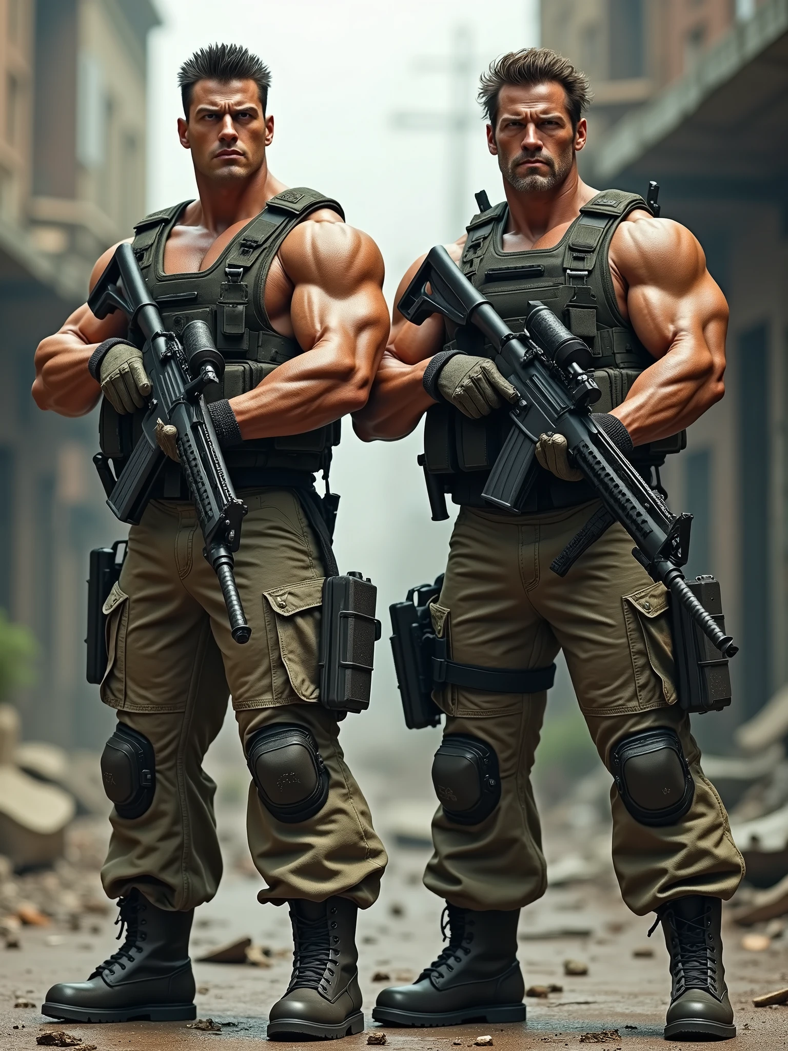 two soldiers like Stallone and Schwarzenegger with military clothing with machine guns and rocket launchers, labeled as Konami Contra. Realistic photo style.