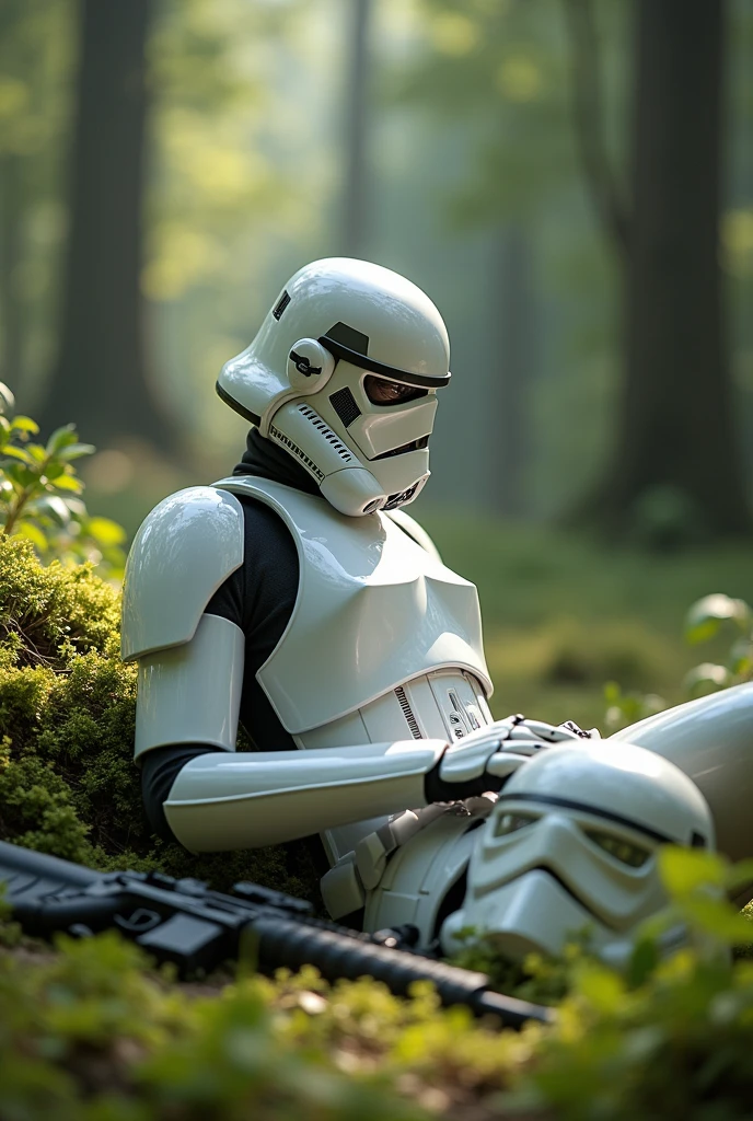 (((グレーのPigeon woman))), Dirty Star Wars「Stormtrooper」の白いアーマーを着たPigeon womanがエンドアの森で木に寄りかかって休んでいる。Stormtrooperのヘルメットが地面に落ちている彼女のそばにあり、E-11 Blaster on the ground。(((Pigeon woman)))、Muscular body、far and near method、Wide Shot、18mm、Depth of written boundary、colorful、Highest quality、4K、Daylight