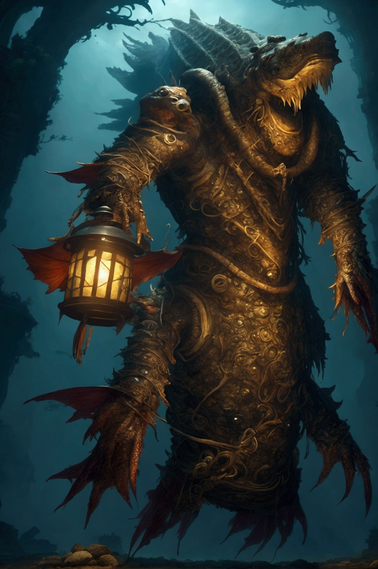 lantern fish with the ruins on their backs, fantasy, monster