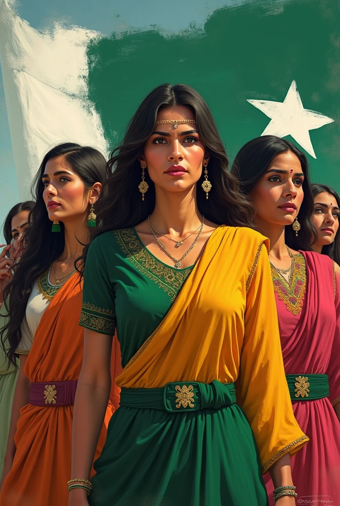 Strong willed women, Pakistani women, Pakistani, independence day, cultural background with flags, patriotic theme, painting effect,