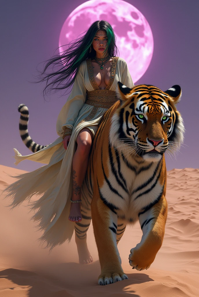 Realistic photo of a beautiful, delicate, attractive woman with freckles, gray-green eyes, long black hair with neon green and orange highlights, piercings, tattooed, dressed in an Arab tunic, barefoot, riding a tiger, walking through the desert dunes with a full moon and a purple sky 