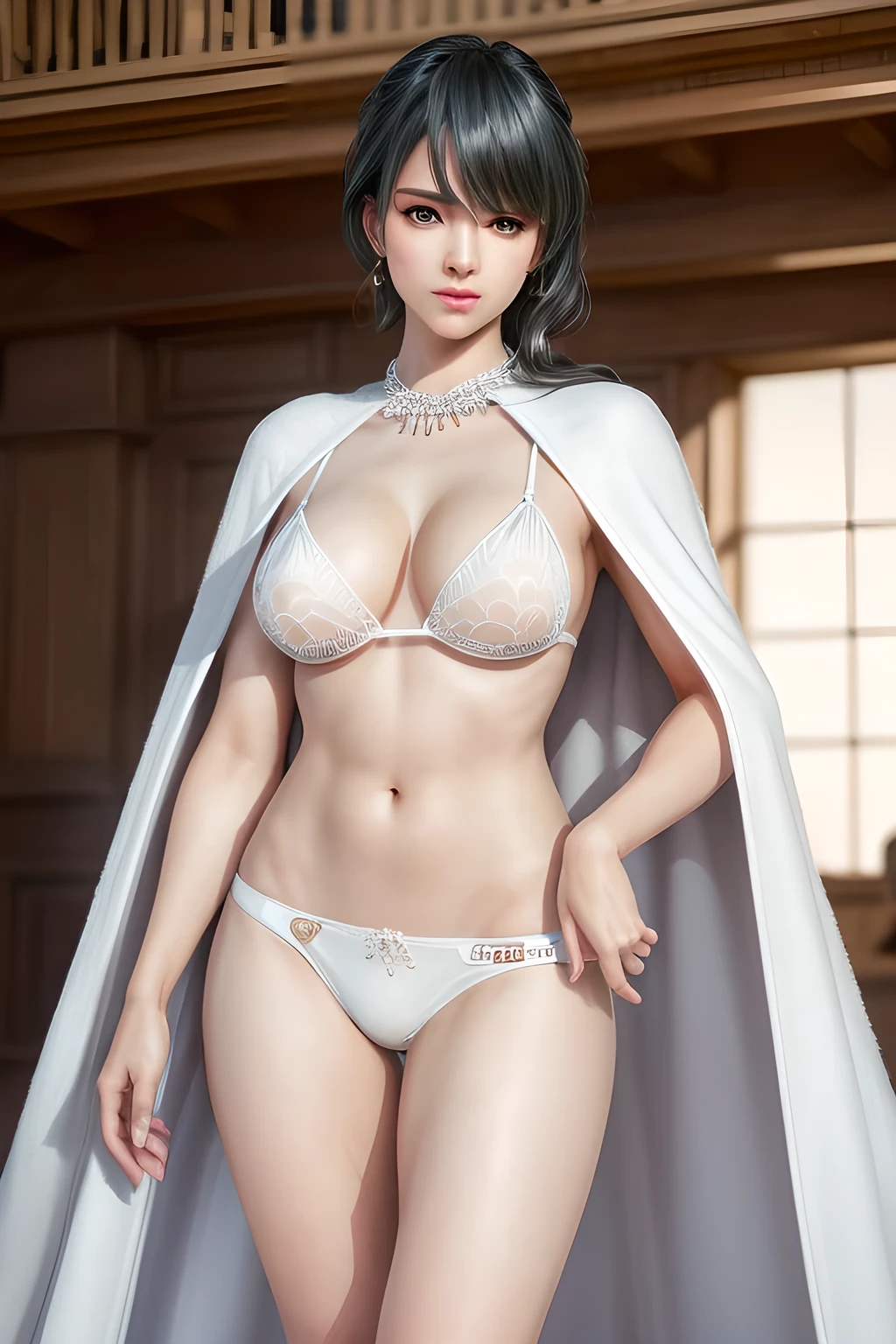 A lady with extraordinary temperament, she stands in a modern indoor space, as if she is a model from a fashion magazine. She is wearing a (pure white long fur cape), the softness and luster of which makes her look more noble under the light, and complements her (mesh bikini:1.1) underneath, showing her gentle temperament while maintaining a sense of fashion. The style of the dress is simple and generous, a perfect match, and it lengthens her figure, making her tall and charming. The lady's makeup is delicate and elegant, which just highlights her facial features and makes people unforgettable at first sight. Although the earrings and necklace she wears are not ostentatious, they add a bit of sophistication and nobility to her overall look. Her hair is casually draped over her shoulders, and every strand of hair exudes a natural luster,, (best quality,8k,highres,masterpiece:1.2),ultra-detailed,(realistic,photorealistic,photo-realistic:1.37),studio lighting,ultra-fine painting,sharp focus,physically-based rendering,extreme detail description,professional,vivid colors