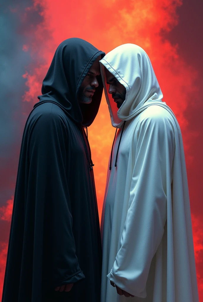 A man in a black robe covering his face turns his back to a man in a white robe covering his face. Bright colored background.