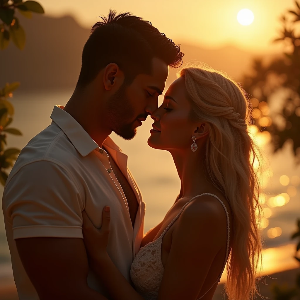 a handsome brazilian man with short hair, a beautiful blonde woman, couple, romantic, wedding, highly detailed, photorealistic, 8k, high quality, volumetric lighting, cinematic, dramatic lighting, cinematic composition, warm colors, golden hour, tender embrace, loving gaze, affectionate