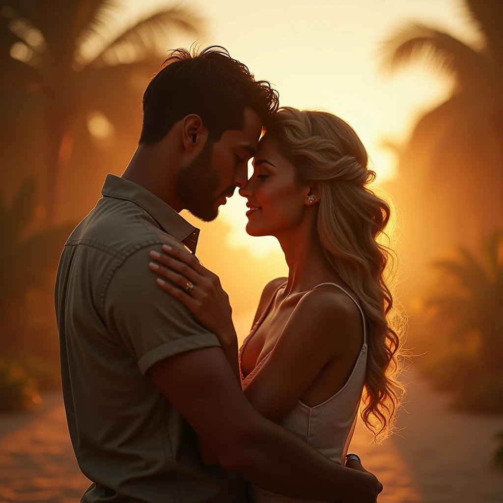 a handsome brazilian man with short hair, a beautiful blonde woman, couple, romantic, wedding, highly detailed, photorealistic, 8k, high quality, volumetric lighting, cinematic, dramatic lighting, cinematic composition, warm colors, golden hour, tender embrace, loving gaze, affectionate