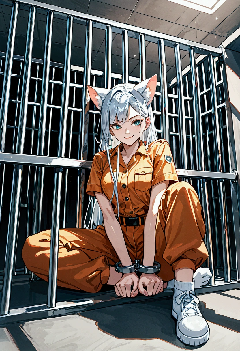 score_9, score_8_up, score_7_up, score_6_up, score_5_up, score_4_up, source_anime,source_furry,rating_safe,rating_questionable,masterpiece, best quality, perfect anatomy , very aesthetic , absurdres,solo, 1girl\(wearing prison jumpsuit\(blue and white border\), arms chained with handcuffs,sitting in jail, evil smile,dynamic angle,dynamic pose,