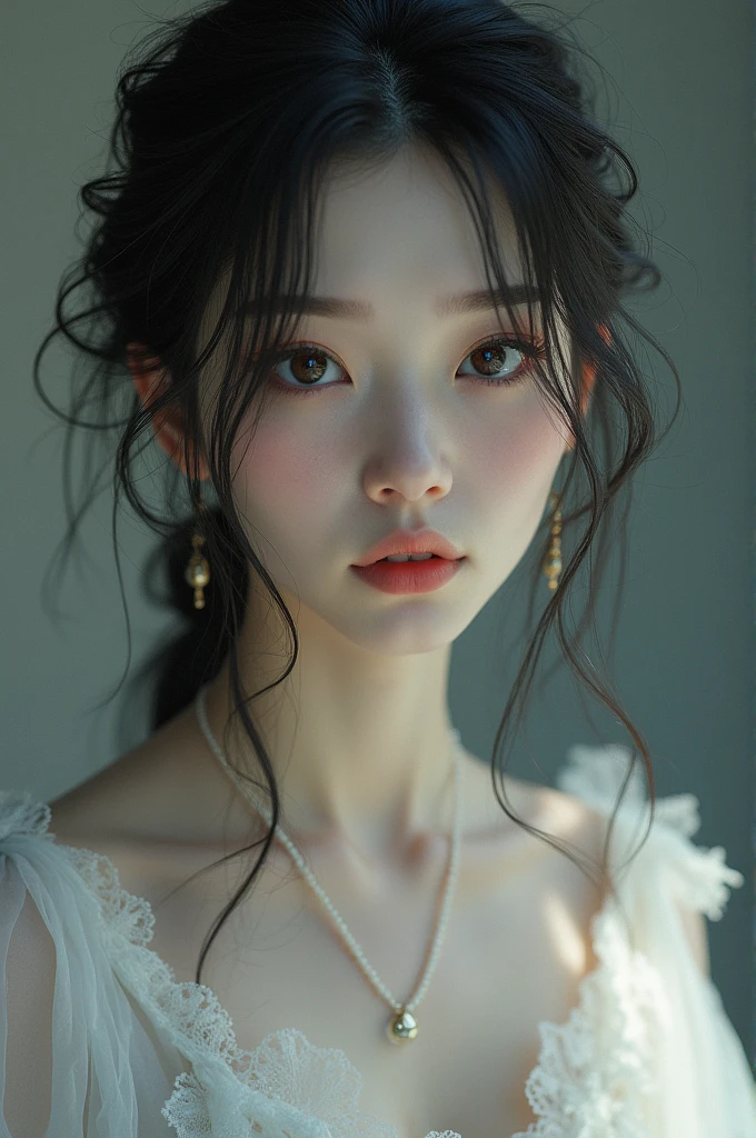 pale skin, dark hair, bright eyes, delicate features, graceful posture, soft expression,