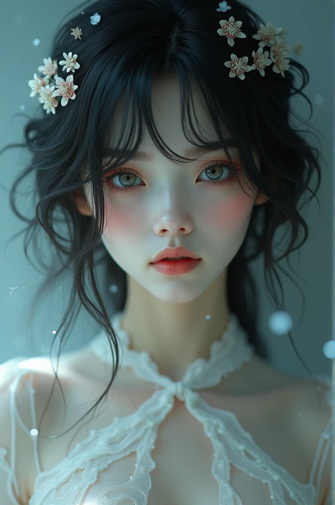 pale skin, dark hair, bright eyes, delicate features, graceful posture, soft expression, 
