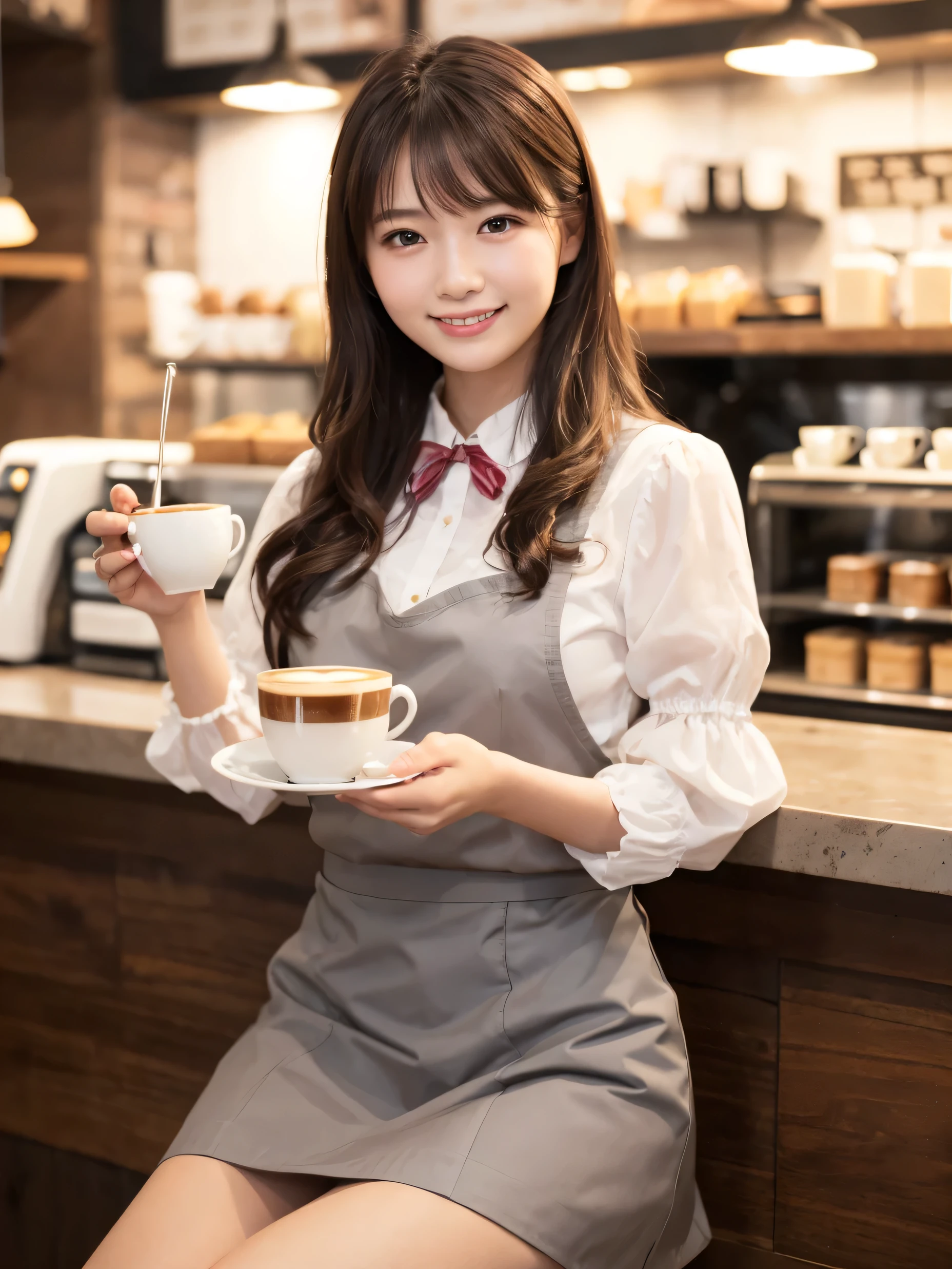 1 girl、(RAW Photos、Highest quality)、(Real、Photoreal:1.4)、Tabletop、Very delicate and beautiful、Very detailed、2k wallpaper、wonderful、Detailed、very detailedCG Unity 8K wallpaper、Super detailed、Age 27、((Grey waitress outfit))、flare skirt、Elegant skirt、Big Breasts、Perfect Style、Frills、ribbon、Soft Light、Beautiful detailed girl、Puff sleeves、Cafe waitress、smile、Happy Face、Cafe、coffee shop、latte Art