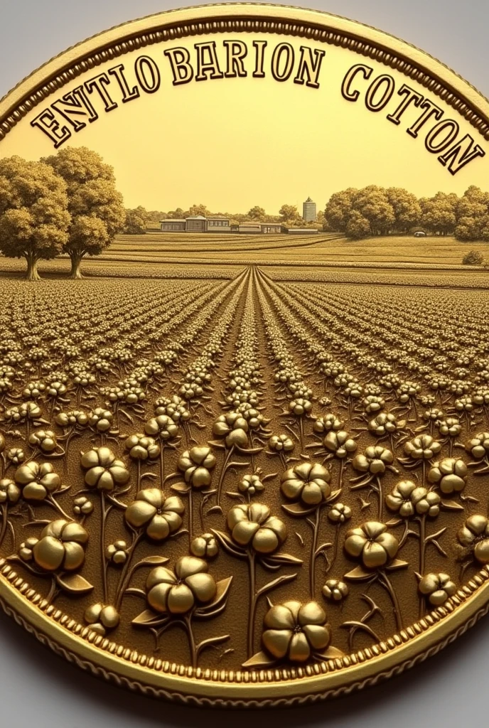 Gold coin with cotton plantation stamped on it