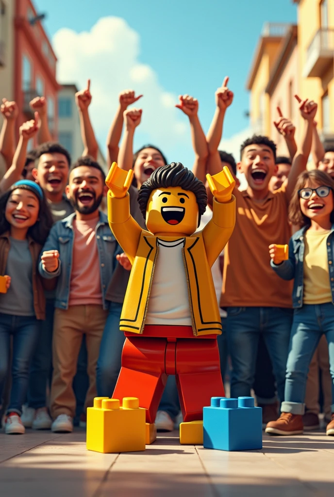 a huge human team laughing success, having assembled 2 small legos together