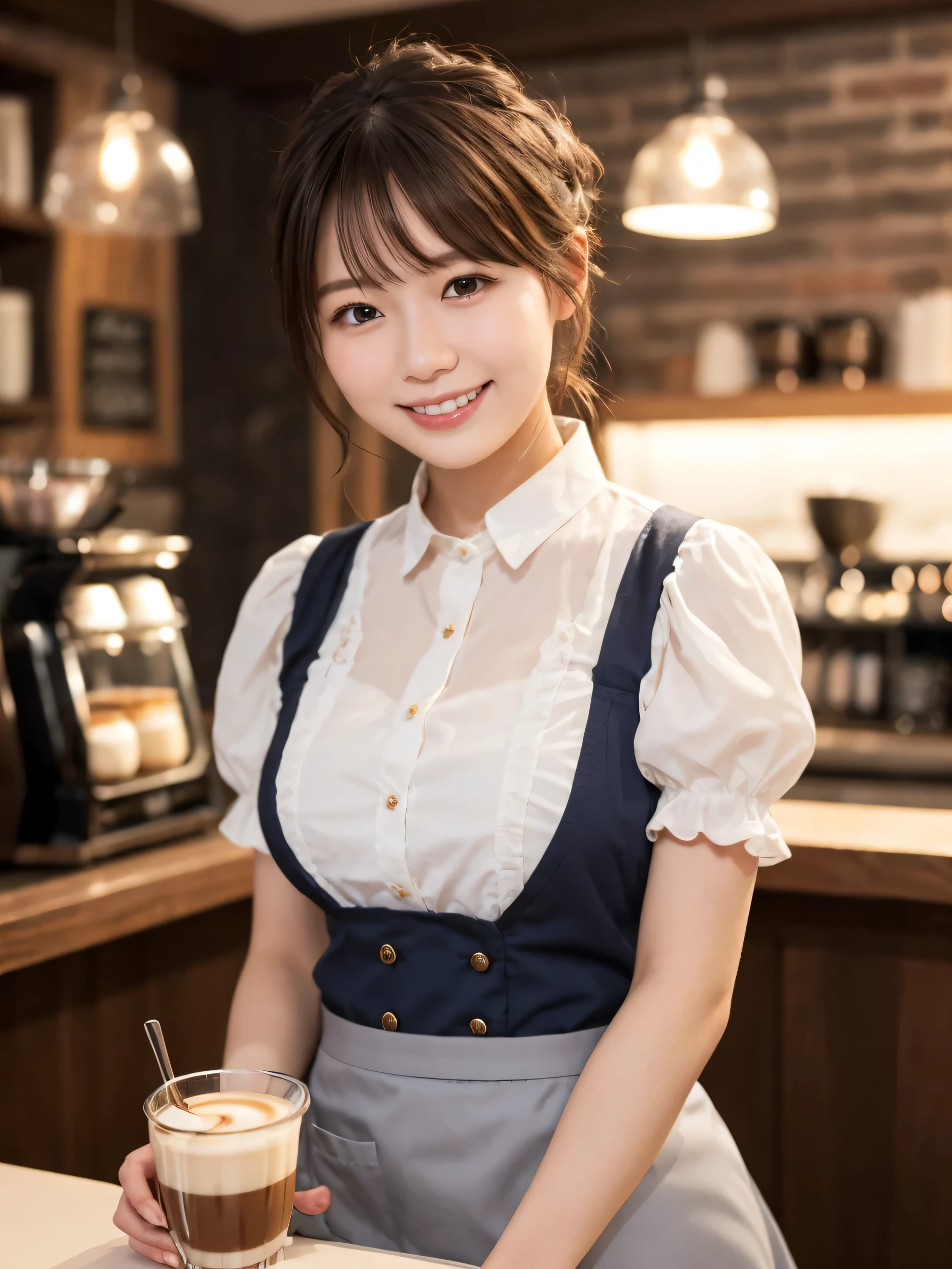 1 girl、(RAW Photos、Highest quality)、(Real、Photoreal:1.4)、Tabletop、Very delicate and beautiful、Very detailed、2k wallpaper、wonderful、Detailed、very detailedCG Unity 8K wallpaper、Super detailed、Age 27、((Grey waitress outfit))、flare skirt、Elegant skirt、Big Breasts、Perfect Style、Frills、ribbon、Soft Light、Beautiful detailed girl、Puff sleeves、Cafe waitress、smile、Happy Face、Cafe、coffee shop、latte Art