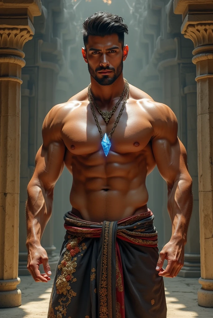hyperrealistic image of extremely handsome 30 year old spanish man, muscular bodybuilder, stylish hairstyle, have glistening body, wearing a magical crystal necklace and traditional pants, in ancient temple