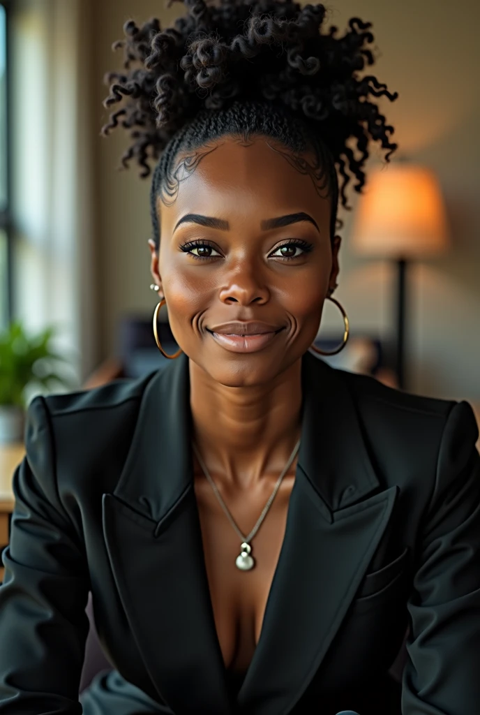 high detail, modern, Realism, Hyperrealism, cinematic lighting, depth of field, UHD, retina, masterpiece, acurate, anatomically correct, textured skin, super detail, high details, high quality, award winning, best quality, highres, 8k, Photo of a cute brunette black woman with curlyhair in a bun sitting in an office wear a black suit jacket with unbuttoned blouse pleasant atmosphere